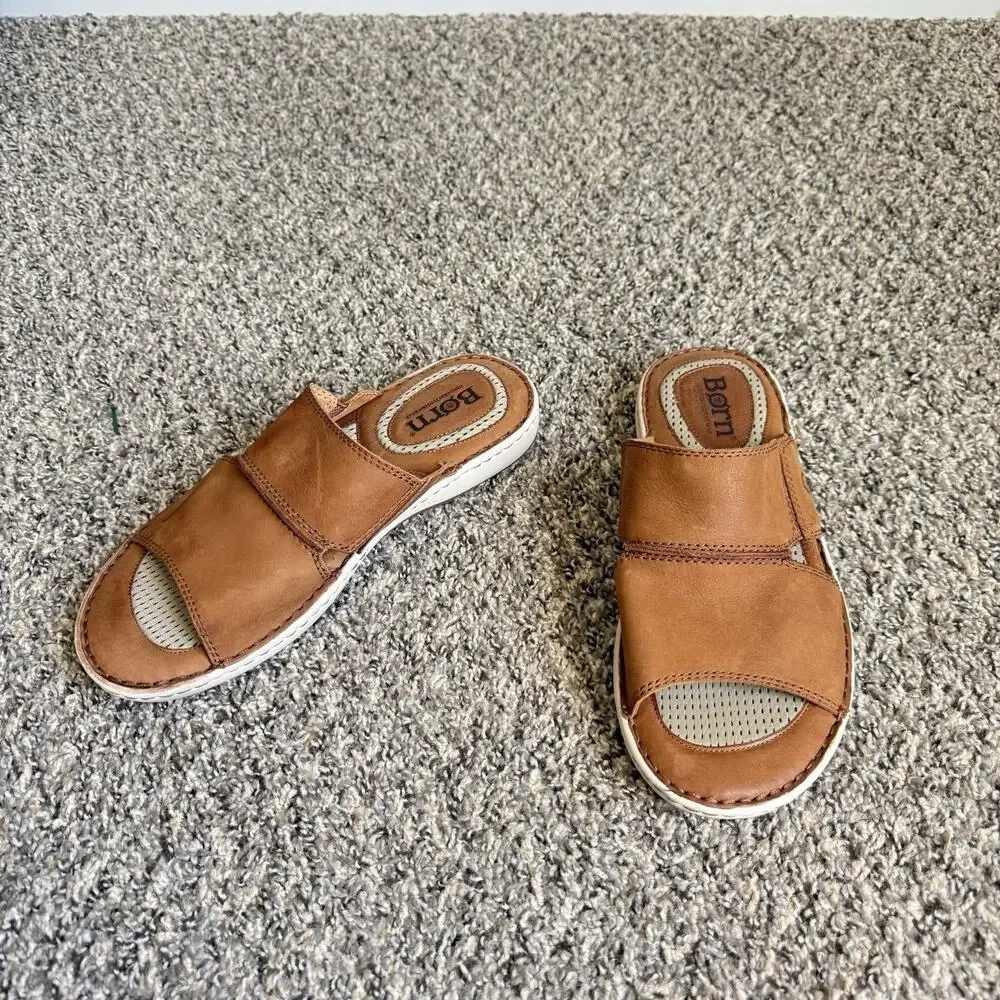 Born Men's Flores Full Grain Leather Slip-On Sandal Camel Brown Slide Sz 12 M